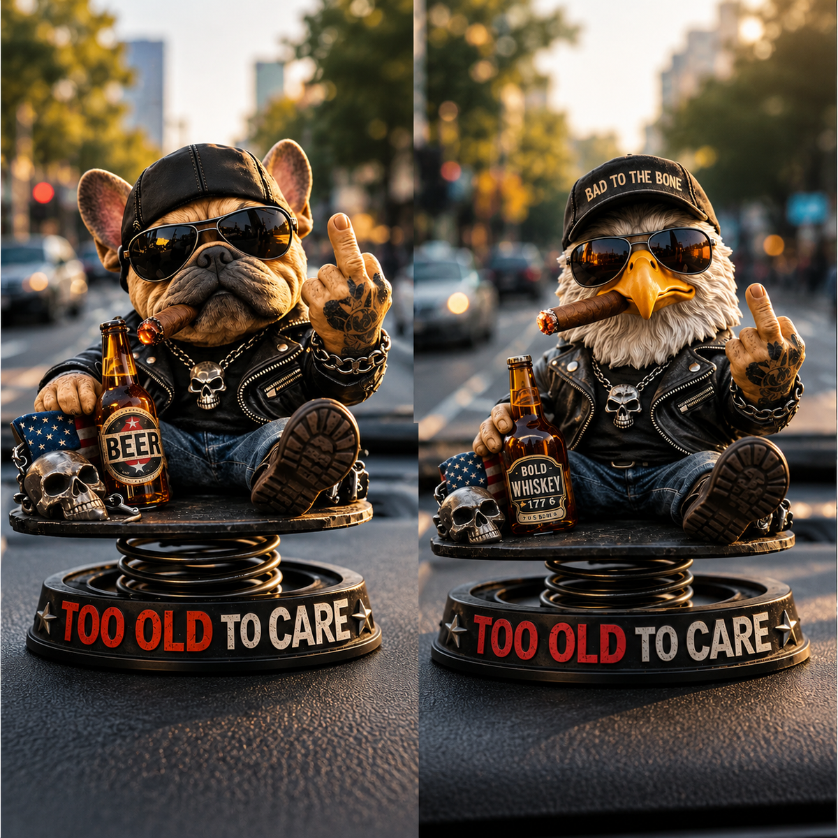 “Too Old To Care” Rebel Eagle Dashboard Bobblehead – Funny Badass Driver Car Ornament