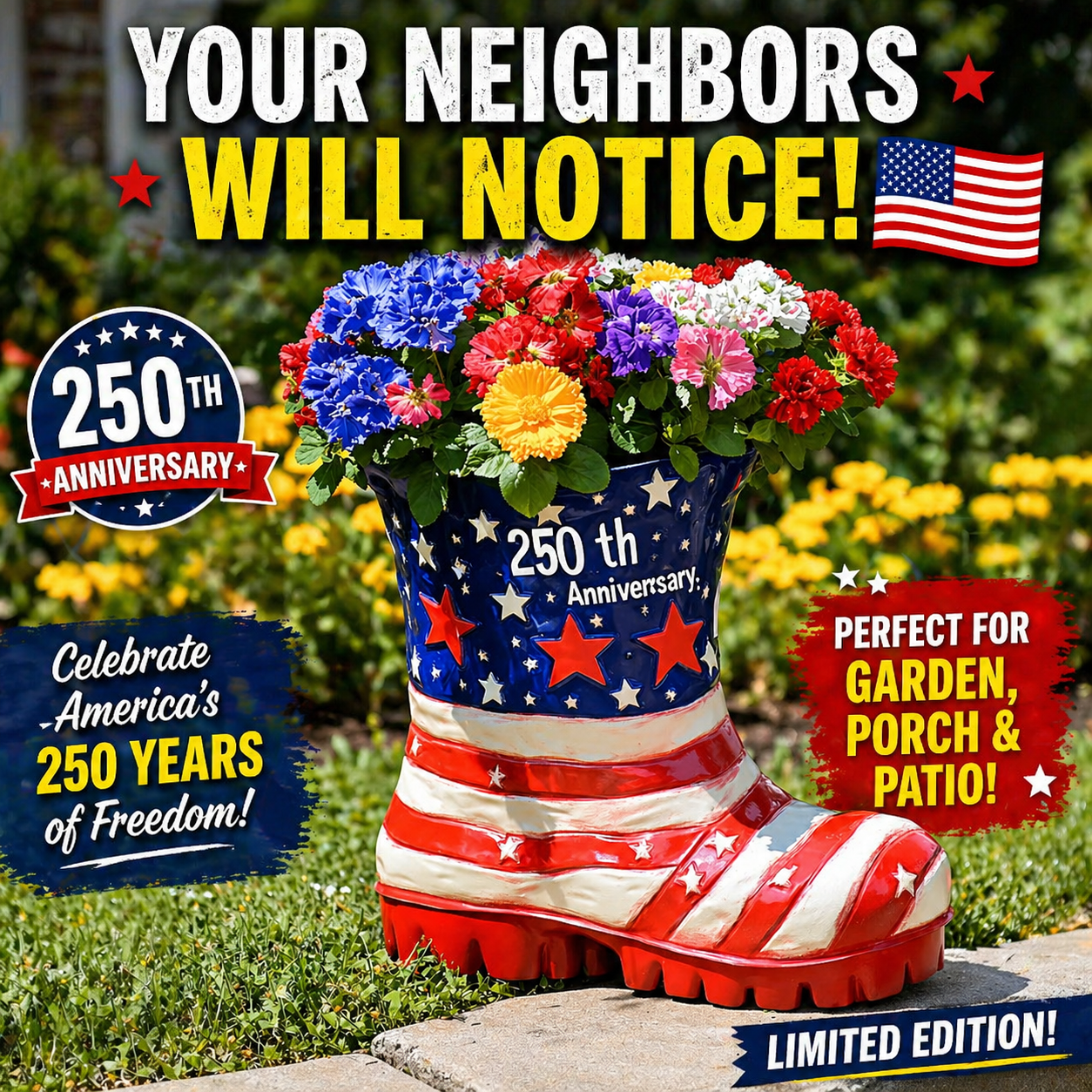 American Flag Boot Flower Pot β 250th Anniversary Edition