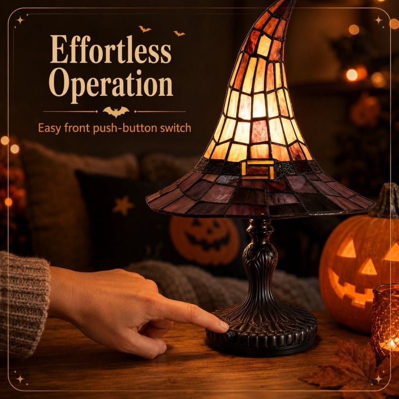 🔥 🎃 Vintage Stained Glass Witch Hat Table Lamp - Plug-In Cozy Warm Light for Autumn & Halloween Decor