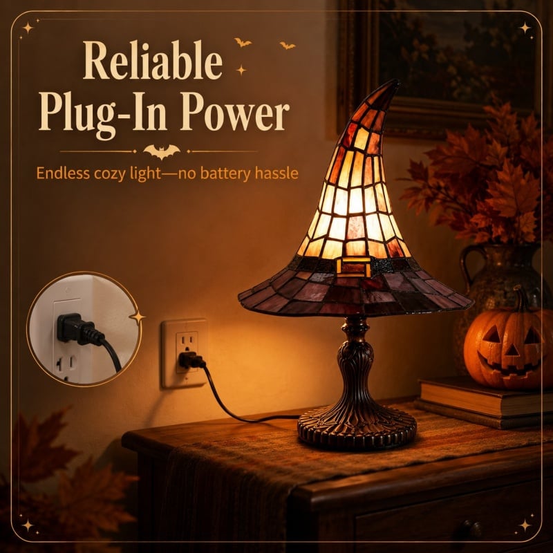 🔥 🎃 Vintage Stained Glass Witch Hat Table Lamp - Plug-In Cozy Warm Light for Autumn & Halloween Decor