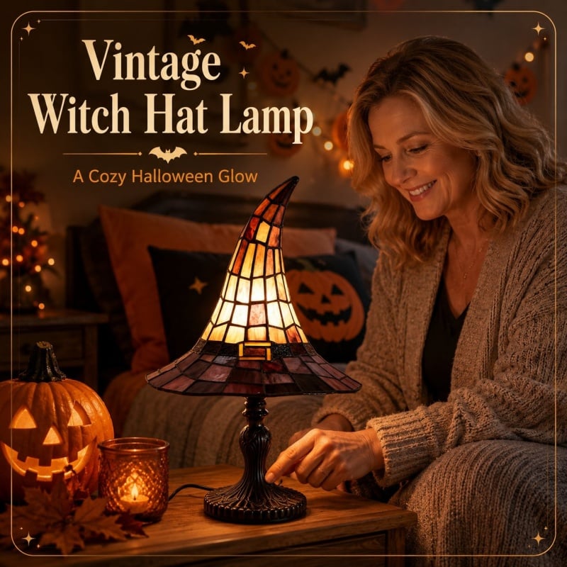 🔥 🎃 Vintage Stained Glass Witch Hat Table Lamp - Plug-In Cozy Warm Light for Autumn & Halloween Decor