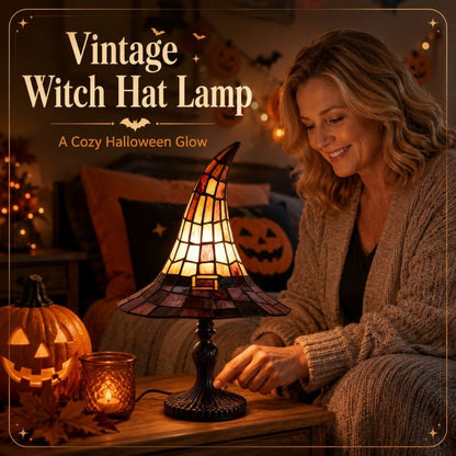 🔥 🎃 Vintage Stained Glass Witch Hat Table Lamp - Plug-In Cozy Warm Light for Autumn & Halloween Decor