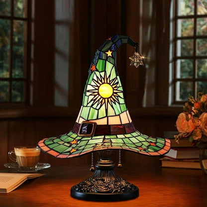 🔥 🎃 Vintage Stained Glass Witch Hat Table Lamp - Plug-In Cozy Warm Light for Autumn & Halloween Decor