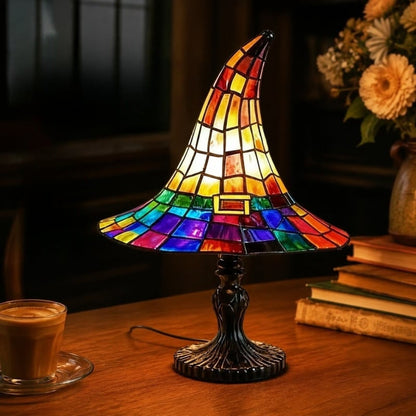 🔥 🎃 Vintage Stained Glass Witch Hat Table Lamp - Plug-In Cozy Warm Light for Autumn & Halloween Decor