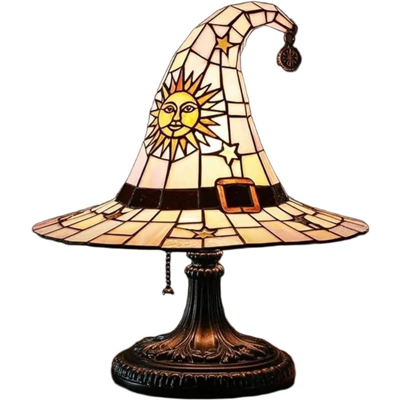 🔥 🎃 Vintage Stained Glass Witch Hat Table Lamp - Plug-In Cozy Warm Light for Autumn & Halloween Decor