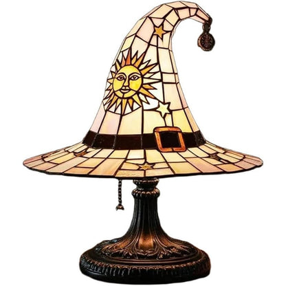 🔥 🎃 Vintage Stained Glass Witch Hat Table Lamp - Plug-In Cozy Warm Light for Autumn & Halloween Decor