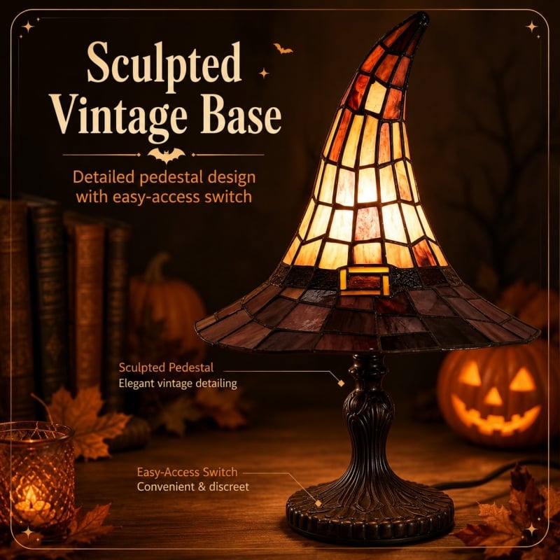 🔥 🎃 Vintage Stained Glass Witch Hat Table Lamp - Plug-In Cozy Warm Light for Autumn & Halloween Decor