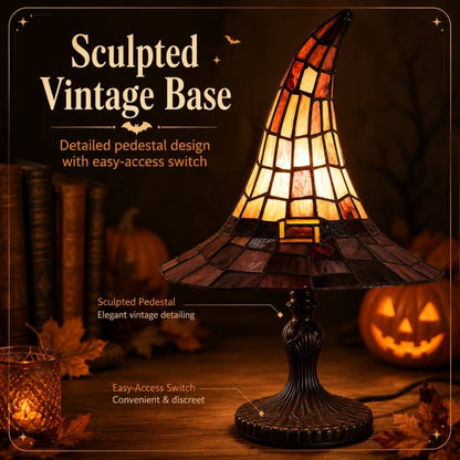 🔥 🎃 Vintage Stained Glass Witch Hat Table Lamp - Plug-In Cozy Warm Light for Autumn & Halloween Decor