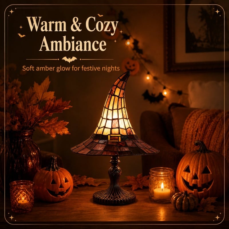 🔥 🎃 Vintage Stained Glass Witch Hat Table Lamp - Plug-In Cozy Warm Light for Autumn & Halloween Decor