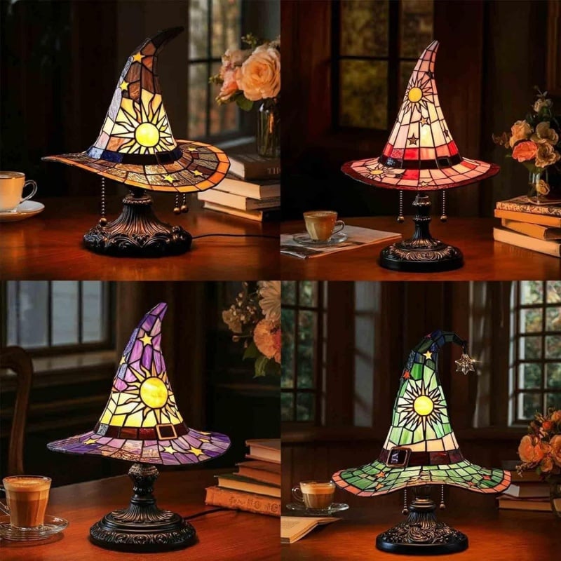 🔥 🎃 Vintage Stained Glass Witch Hat Table Lamp - Plug-In Cozy Warm Light for Autumn & Halloween Decor