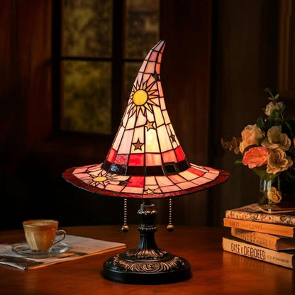 🔥 🎃 Vintage Stained Glass Witch Hat Table Lamp - Plug-In Cozy Warm Light for Autumn & Halloween Decor
