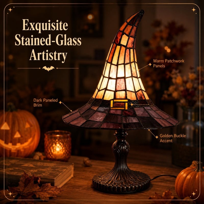 🔥 🎃 Vintage Stained Glass Witch Hat Table Lamp - Plug-In Cozy Warm Light for Autumn & Halloween Decor