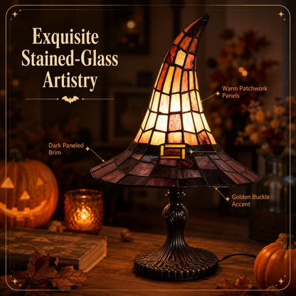 🔥 🎃 Vintage Stained Glass Witch Hat Table Lamp - Plug-In Cozy Warm Light for Autumn & Halloween Decor